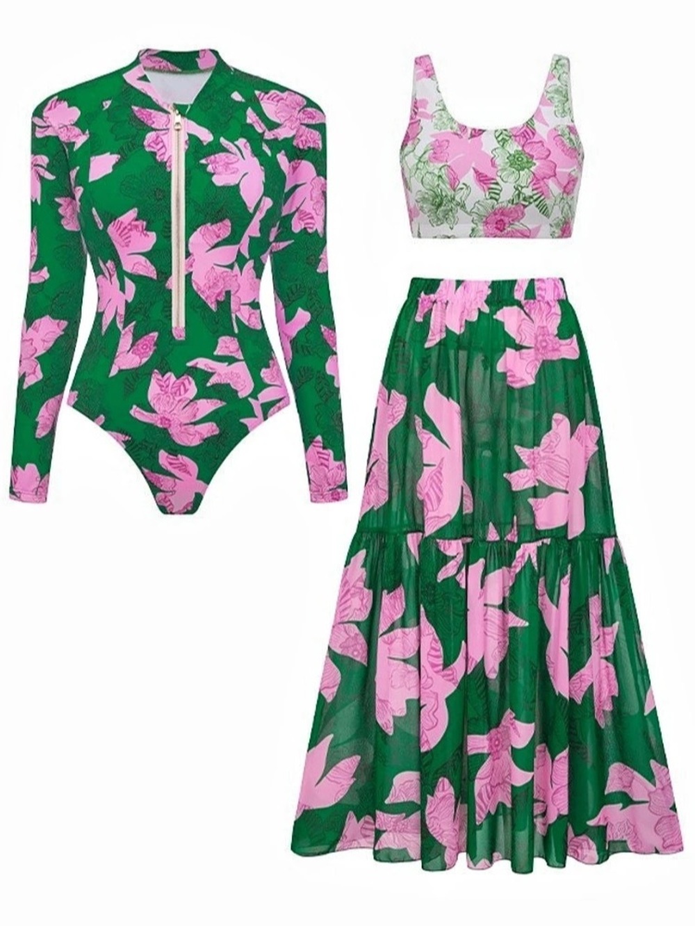 NWT Flaxmaker One Piece Swimsuit and Skirt set in floral pink and green, small.